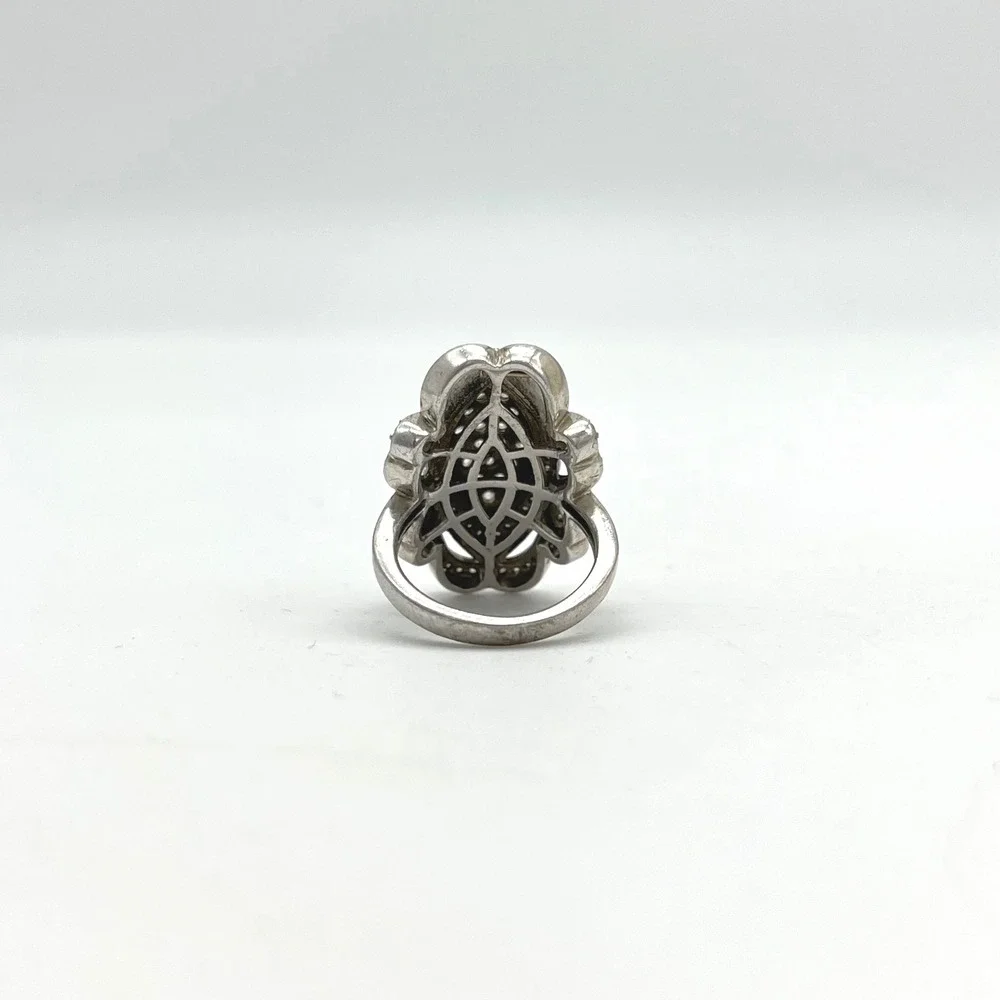Ornate Marquee Ring Cubic Zirconia Pave Sterling Silver Statement‎ Cocktail Ring